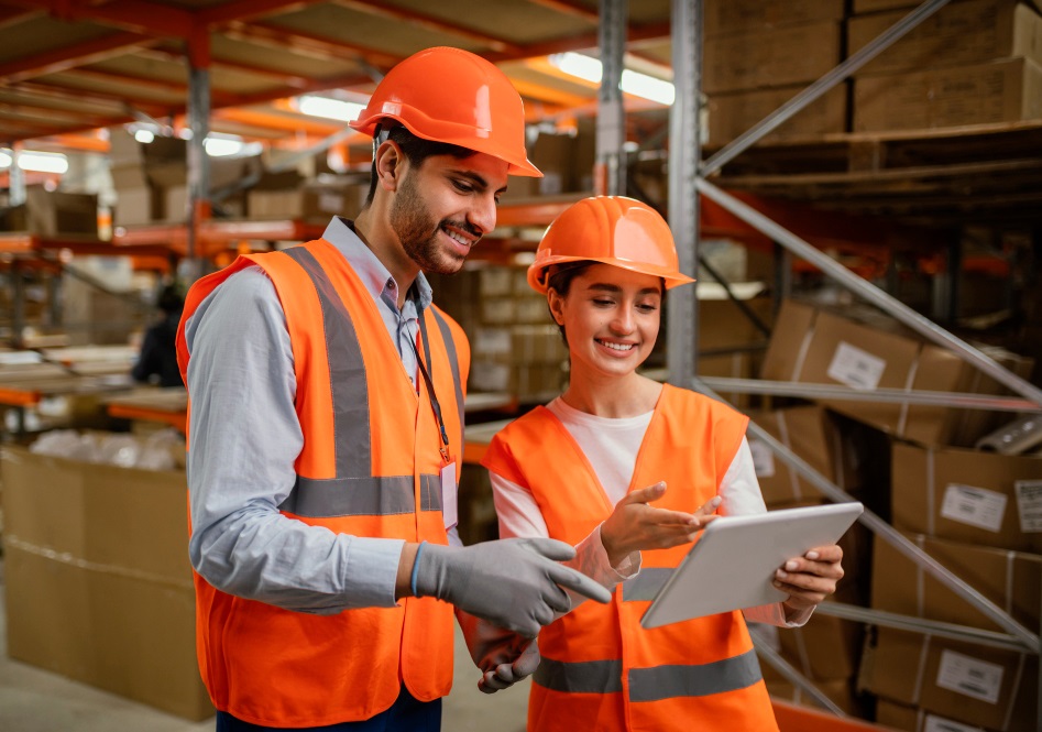 two young Indian trade workers looking at plans in a warehouse.