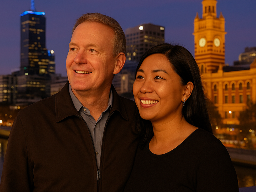 Australia man with international women, with Melbourne city skyline behind them.