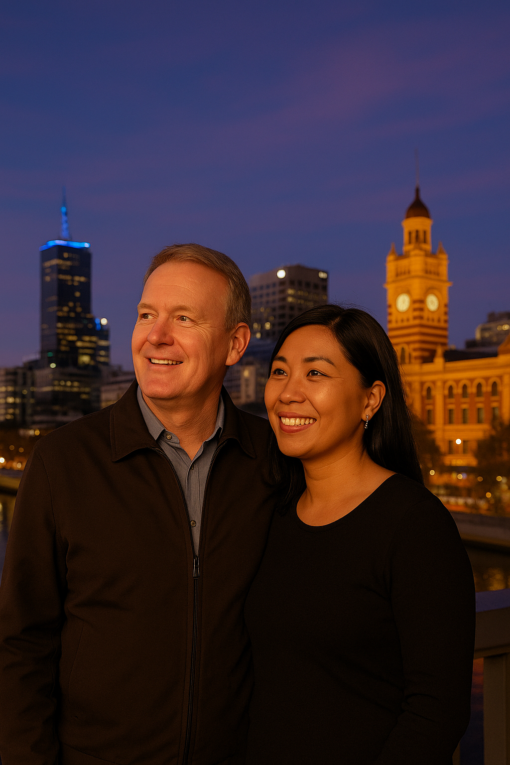 Australia man with international women, with Melbourne city skyline behind them.
